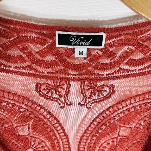 Vivid Collection Open Cardigan SZ M Red Crochet Lace Short Sleeve Top Boho Fall - Picture 14 of 15